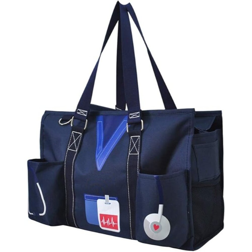 NGIL Navy Blue Medical Theme Utility Tote Bag With Pockets 15.5" L x 10.5" H x 6